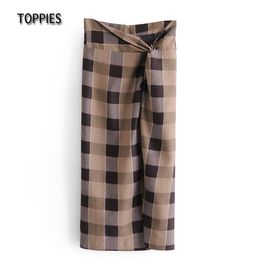 Toppies Woman Knotted Plaid Skirt High Waist Midi Skirts Straight Sexy Side Split Office Lady Clothes Streetwear 210412