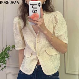 Korejpaa Women Jacket Summer Korean Chic Retro All-Match V-Neck Border Contrast Button Flower Embroidery Design Short Coats 210526