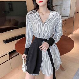 Office Ladies Striped Shirt Dress Women Two Pieces Set Long Blouse+Bandage Shirts Korean Ladies Casual Elegant Vestidos 210412