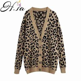 Women Cardigans V neck Long Sweater Leopard Oversized European Fashion Knit Coat Overcoat 210430