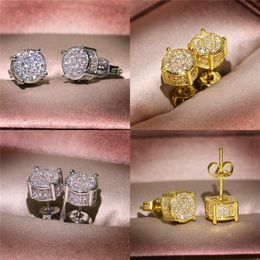 Luxury Bling Zircon Stone 925 Sterling Silver &Gold Round Stud Earrings for Man Women Hip Hop Fashion Jewellery