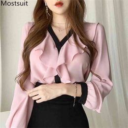 Autumn Korean Chiffon Women Blouses Shirts Long Sleeve V-neck Ruffles Elegant Tops Fashion Office Ladies Blusas Mujer 210513