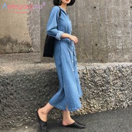 Aelegantmis Korean Chic Loose Sashes Denim High Waist Dress Women Spring Casual Jeans with Belt Female V Neck Long Sleeve 210607