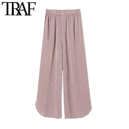 TRAF Women Chic Fashion Soft Touch Wide Leg Pants Vintage High Elastic Waist Side Vents Female Trousers Mujer 210415