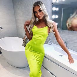 Satin Summer Women Bodycon Midi Dress Sleeveless Backless Elegant Party Sexy Dresses Club Wear Ladies Spaghetti Strap Vestidos 210507