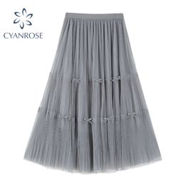 Mesh Skirt For Ladies Korean Bow Design Sweet Women's Skirts Tull Fairy Clothes Oversized Loose Elegant Streetwear Buttoms 210417