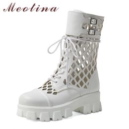 Meotina Motorcycle Boots Women Shoes Buckle Platform Block Heels Mid Calf Boots Cross Tied Cutouts High Heel Lady Boots White 42 210520