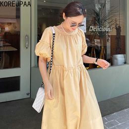 Korejpaa Women Dress Summer Sweet Age-Reducing Round Neck Wooden Ears Design Stitching Solid Color Puff Sleeve Vestidos 210526
