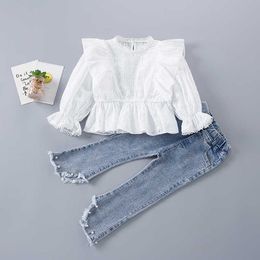 2-7 Years High Quality Spring Girl Clothing Set Fashion Floral Solid Shirt + Pearl Jeans Kid Children Girls 210615