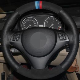 DIY Hand-stitched Black Genuine Leather Suede Car Steering Wheel Cover For BMW E90 320i 325i 330i 335i E87 120i 130i 120d