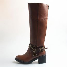 Boots Retro Rivet Western Cowboy Style Round Toe Chunky Full Cowhide Long Solid Colour Belt Buckle Famale Winter Knight