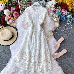 Neploe Elegant Lace Patchwork Hook Flower Dress Women High Waist Hip A Line Long Vestidos O Neck Short Sleeve Robe Summer 210423