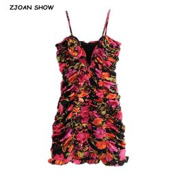 Sexy Flower Print Dropped Ruched Backless Sling Dress Retro Woman Deep V neck Package Hips Spaghetti Strap Mini Party 210429