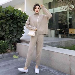 Women Knit Two-pieces Tracksuits Autumn Winter Thick Warm Turtleneck Loose Sweater+Ankle-Length Pants Knitted Suits Set 210416