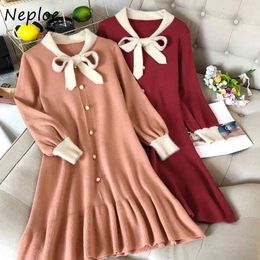 Neploe Korean Style Slim Waist Single Breasted Women Dress Chic Tie Collar Knitted Dresses Sweet Panelled Patchwork Vestidos 210423
