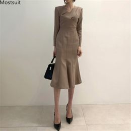 Spring Autumn Women Elegant Korean Dress Vintage Long Sleeve V-neck Tunic Slim Party Dresses Robe Femme 210513