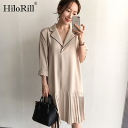 Office Wear Midi Dress Women Batwing Long Sleeve Casual Loose es Notched Collar Solid Pleated Shirt Vestidos 210508