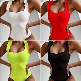 All-in-one women's bikini solid Colour one-piece swimsuit wooden ears shoulder strap sexy generous collar high elasticity 6-color swimwear girls bathing suit