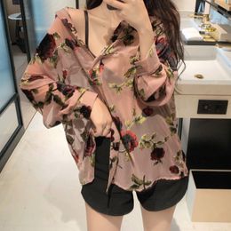 Rose Flower Pink Vintage Shirt Women's Loose Sexy Transparent Feminina Button Up Long Sleeve Ladies Tops 21H 210420