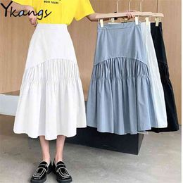 Solid Color Pleated Stitching Purple Skirts Spring Summer High Waist Midi Long Wild Design White Black Women 210421