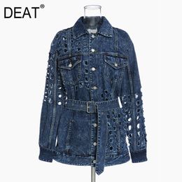 Loose Navy Blue Big Size Hole Fit Denim Jacket Lapel Long Sleeve Women Coat Fashion Tide Spring Autumn GX22817S 210421