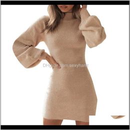 Dresses Womens Clothing Apparel Drop Delivery 2021 Ladies Autumnwinter Slim Casual Solid Color Midhigh Collar Waist Long Sleeve Plush Dress H