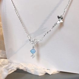 Pendant Necklaces Korean Charm Women OL Style Silver Plated Blue Crystal Butterfly Necklace For Simple Zircon Wedding Jewelry