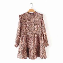 women vintage pleated ruffles leopard print mini dress female o neck long sleeve casual vestidos chic sweet dresses DS1946 210603