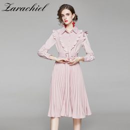 Autumn Ruffles Pink Chiffon Women Long Sleeve Slim Waist Belted Pleated Female Pearls Button Midi Dress 210416