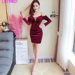Korean sexy nightclub women's low-cut chest top perspective hip long-sleeved dress 210416