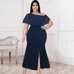 Long Dress Women Off Shoulder Beads Sexy Bodycon Slit Dresses Plus Size 4XL 5XL Evening Birthday Party Occasion Event Robe 210527