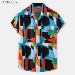 Fashion Geometric Pattern Print Mens Hawaiian Shirt Short Sleeve Casual Button Down Tropical Aloha Shirt Holiday Party Clothing 210522