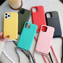 Wheat Straw TPU Shockproof Phone Cases with Lanyards For iPhone 11 12 Pro XS Max XR 8 7 Plus Samsung Galaxy S20 S10 Ultra Silicone Matte Soft Cover