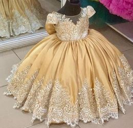 2021 Gold Lace Vintage Flower Girl Dresses Sheer Neck Satin Ball Gown Tulle Lilttle Kids Birthday Pageant Weddding Gowns