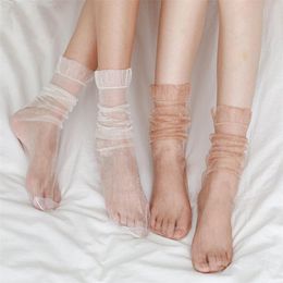 Sexy Ultra-thin Fluffy Socks Women Glisten Transparent Long Socks Tulle Chiffon Woman Socks Leg Female Streetwear Calcetines 211204