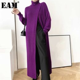 [EAM] Vent Long Knitting Sweater Loose Fit Turtleneck Sleeve Women Pullovers Fashion Autumn Winter 1DA357 210805