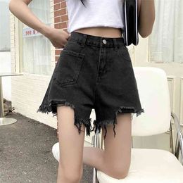 Summer Women High Waist Denim Shorts Irregular Tassel Pocket Wide Leg Jeans Lady Fashion Street Slim Asymmetry 210430