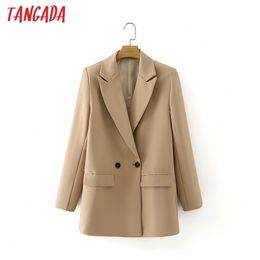 Tangada Women Khaki Blazer Coat Vintage Notched Collar Pocket Fashion Female Casual Chic Tops DA02 211019