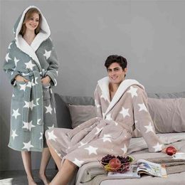 Autumn Winter Warm Thicken Coral Fleece Long Robes Women Couples Fashion Stars Print Hooded Kimono Bathrobe Plus Size Dresses 210901