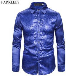Royal Blue Sparkle Sequins Silk Shirt Men Mens 70s Disco Stage Shirt Nightclub DJ Party Prom Male Party Shirt Chemise 210522