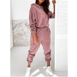 New Woman Korean Velvet Tracksuits Fashion Trand Hooded Tops Drawstring Trousers Outfits Designer Female Casual Jogger Velvets Two Piece Sets