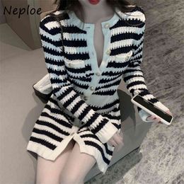 Neploe French Small Fragrance Knit Sweater Dress Women High Waist Hip Skinny Vestdiso O Neck Long Sleeve Single Breast Sueter 210423
