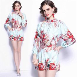 Summer fashion casual women 2 Piece Sets Mint green print puff sleeve shirt+ Pocket Shorts Pant With Belt 210531