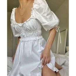 Summer Women Mini Sexy White Lace Embroidery Ruffle Tunic Beach Dress 210415