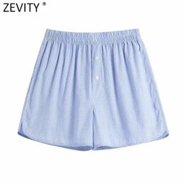 Zevity Women Fashion Side Pockets Striped Print Summer Shorts Femme Streetwear Chic Elastic Waist Pantalone Cortos P1017 210625