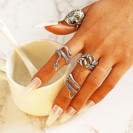 S2754 Fashion Jewelry Knuckle Ring Set Retro Silver Skeleton Octopus Snake Punk Stacking Rings Midi Rings Sets 4pcs/set