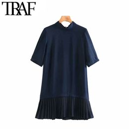 TRAF Women Vintage Chic Office Wear Back Bow Tie Pleated Mini Dress Fashion High Collar Short Sleeve Female Dresses Vestidos 210415