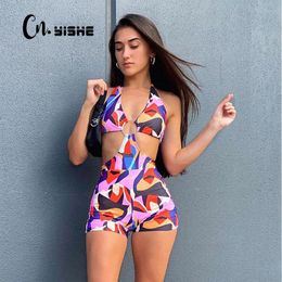 CNYISHE Druck Frauen Playsuits Halter Sommer Cut Out Strampler Frauen Overall Sexy Urlaub Tragen Tops Weibliche Dünne Casual Overalls 210419