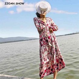 Women Bohemian V neck Floral Print Long sleeve Dress Pink Holiday Bow Tide Sashes Single-breasted Maxi Dresses Beach 210429