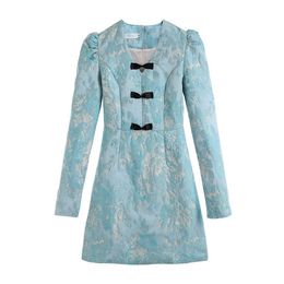 PERHAPS U Blue Floral Long Sleeve V Neck A Line Mini Dress Elegant Bow D2130 210529